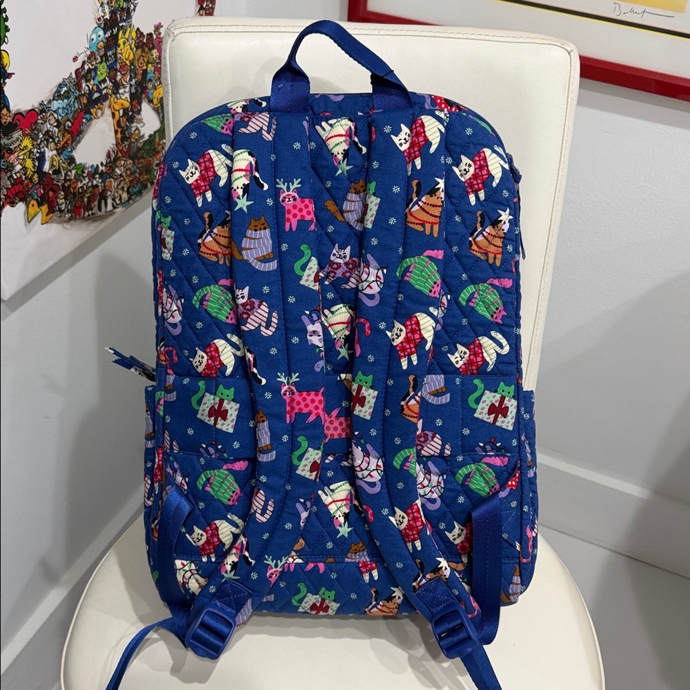 Vera Bradley Blue/Pink/Multi Colors "Catnip" Christmas Essential Large Backpack - Picture 3 of 3